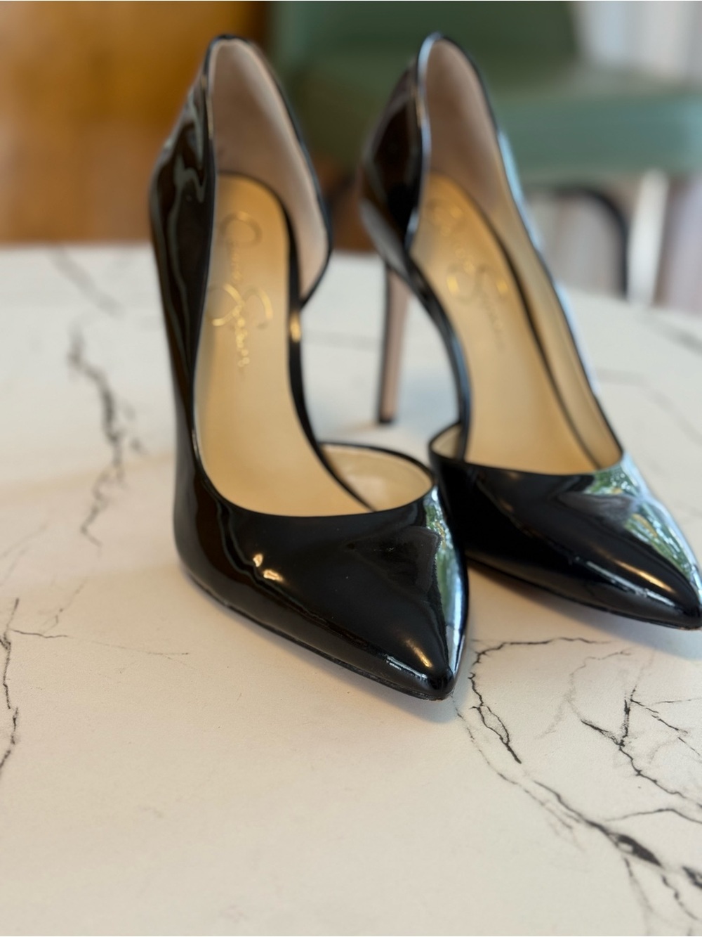 Jessica Simpson Black Patent Stiletto Pumps - Women Shoes size 9. Heel 4”